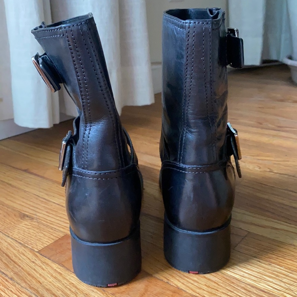 Prada Black Leather Moto Boots Buckle Ankle Boots Women’s 7.5 Italy - Picture 5 of 13